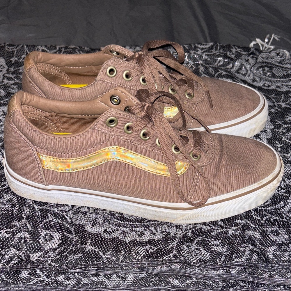 Vans Brown Canvas Low-Top Sneakers with Iridescent Side Stripe
